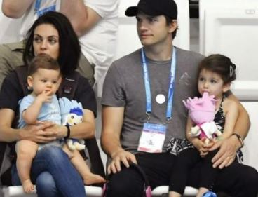 Larry M. Kutcher's son Ashton Kutcher with his wife Mila Kunis and their kids Wyatt Isabelle Kutcher and Dimitri Portwood Kutcher